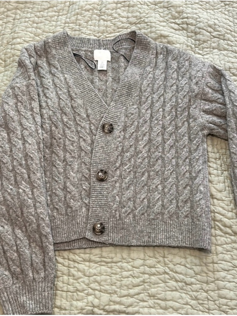 H&M Premium Blend Heather Gray Cable Knit V-Neck Button Cardigan Sweater Size S